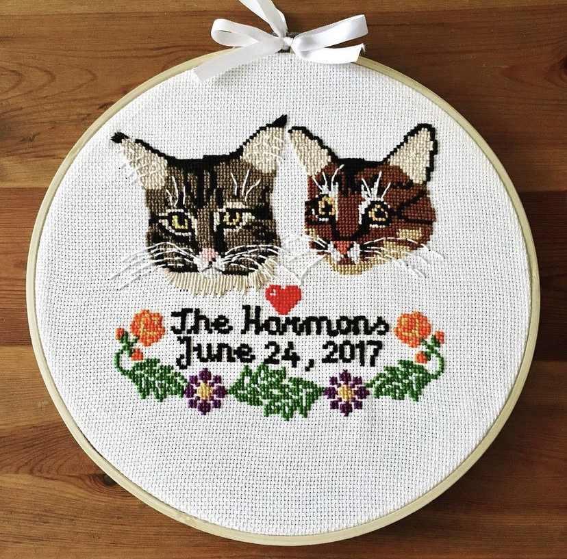 A Cross stich of two cat heads.